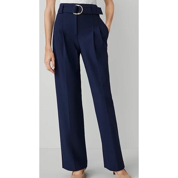 NWOT Ann Taylor The Belted Straight-Leg Pant Navy Gold 4 - Picture 5 of 5